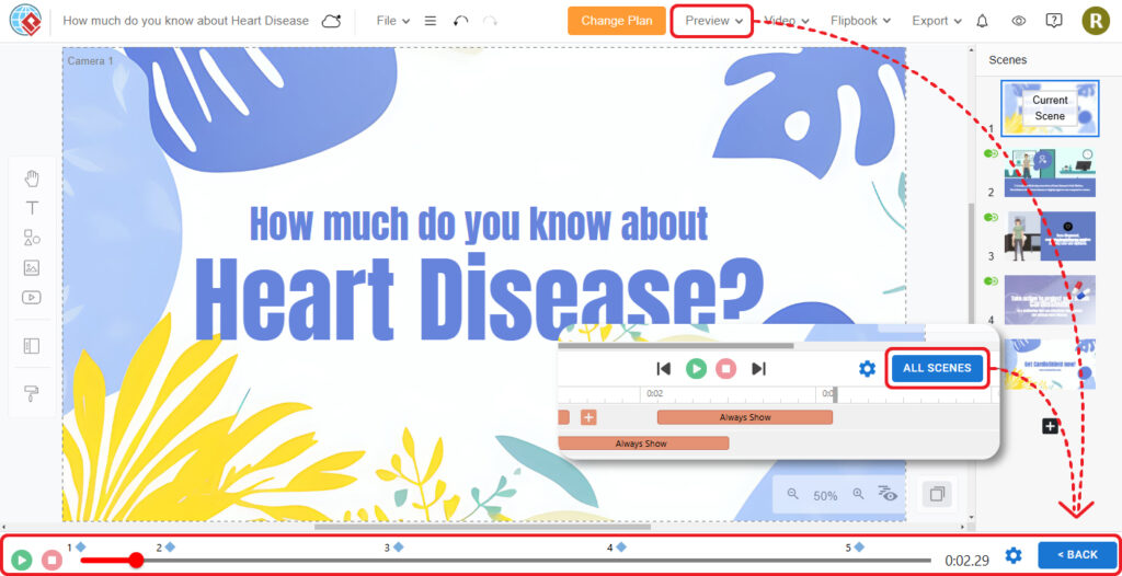 We can preview all the scenes together with the all scenes view.