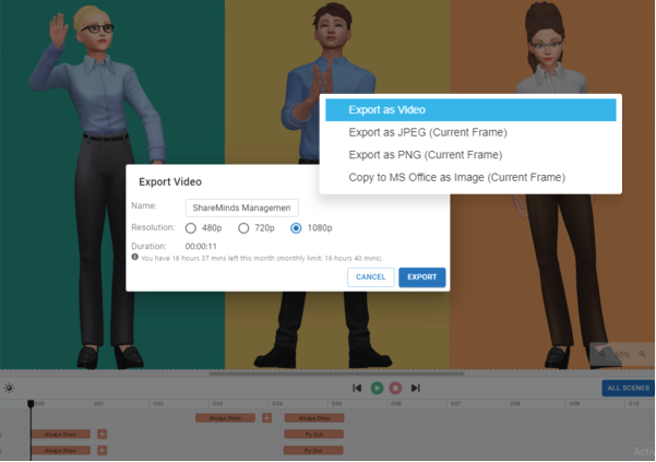 Different options when exporting the animation to video
