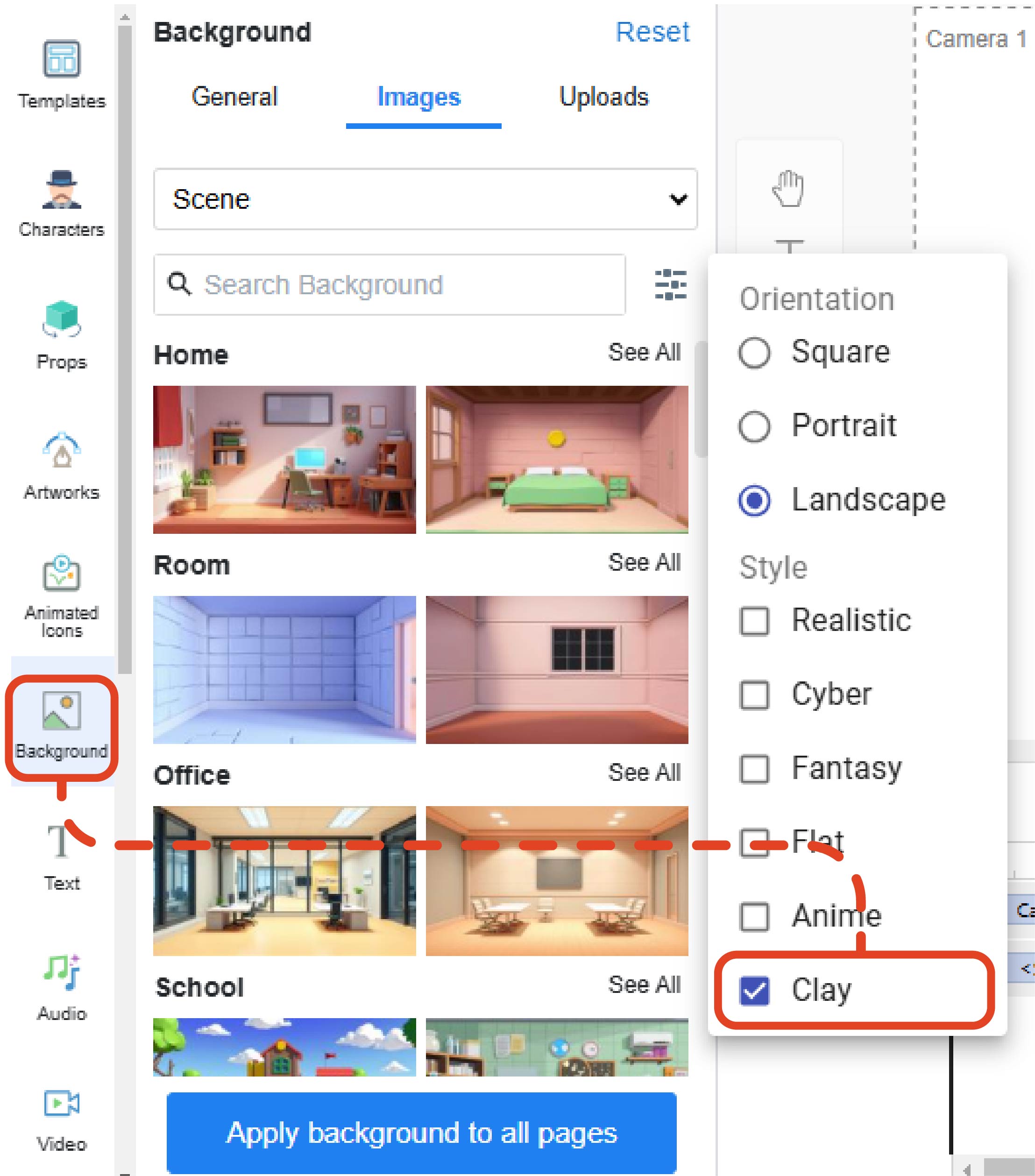 Filtering feature applied to display only scene backgrounds in clay style