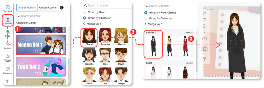 Select 3D character and add to the animation