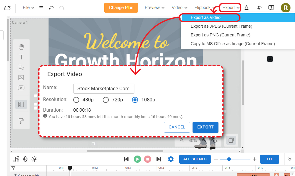 Showing the steps of exporting the animation as mp4 video.