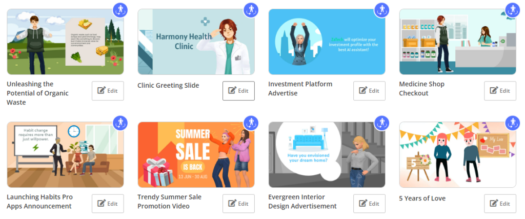 VP Online provides different animation templates for us to start creating action easily.