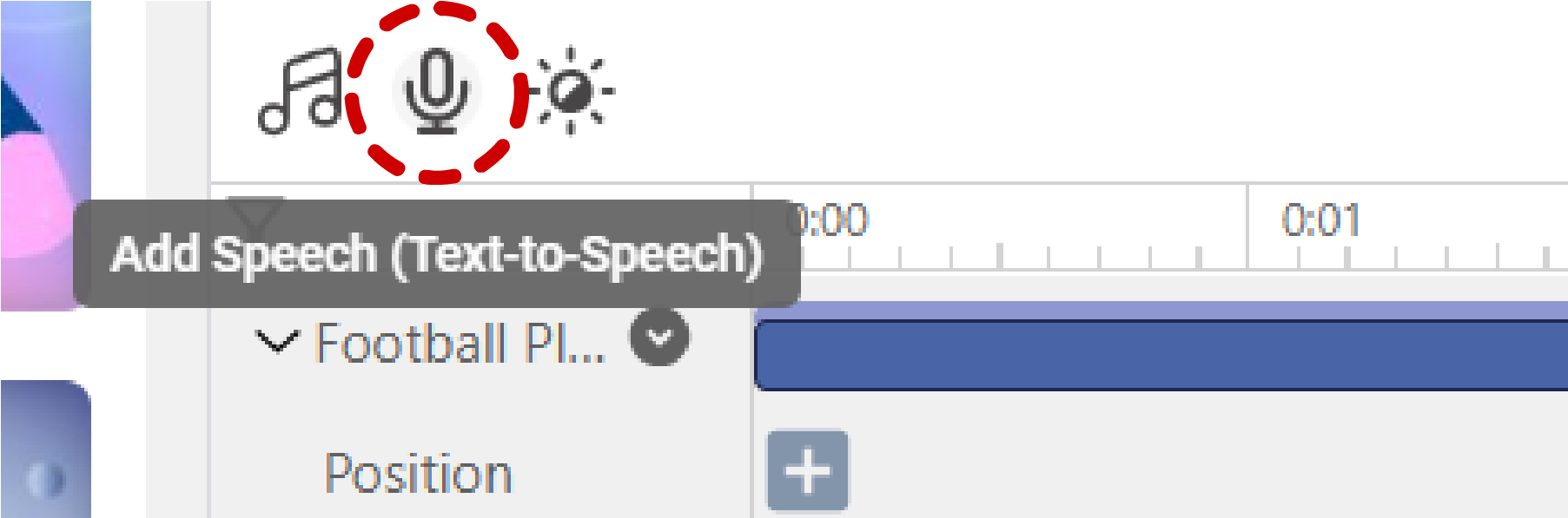 Add speech button on the timeline for you to add the speech separately.