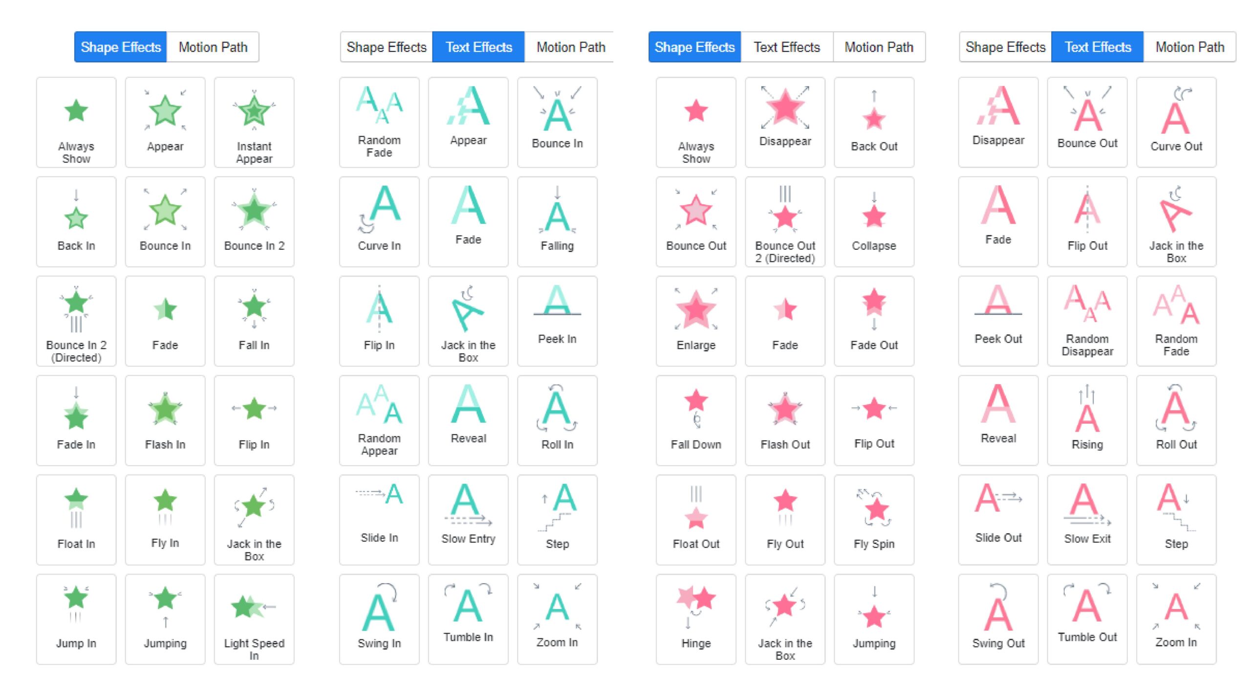 Animation effects provided for different elements in the animation maker.