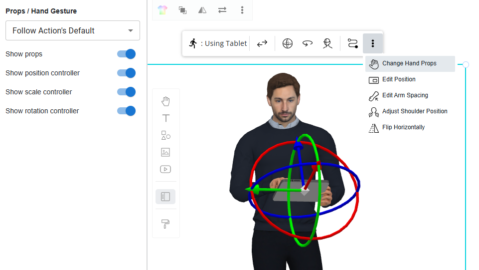 We are able to customize the built-In 3D props for actions, such as the position, scale and rotation.