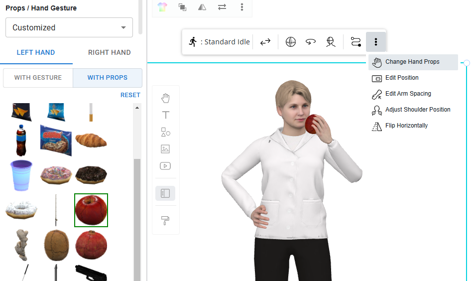 Customize the character actions with the hand props provided in the library.