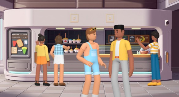 Animation scene that shows a number of people standing in front of a restaurant.