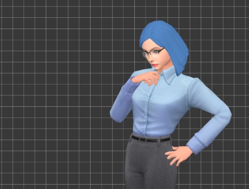 A screenshot from an animation template showing a confused and thinking action of a businesswoman