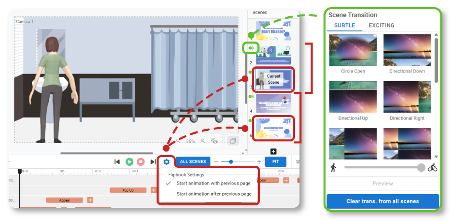 Set the starting time of animation and remove the scene transition effect before exporting the animation as flipbook.