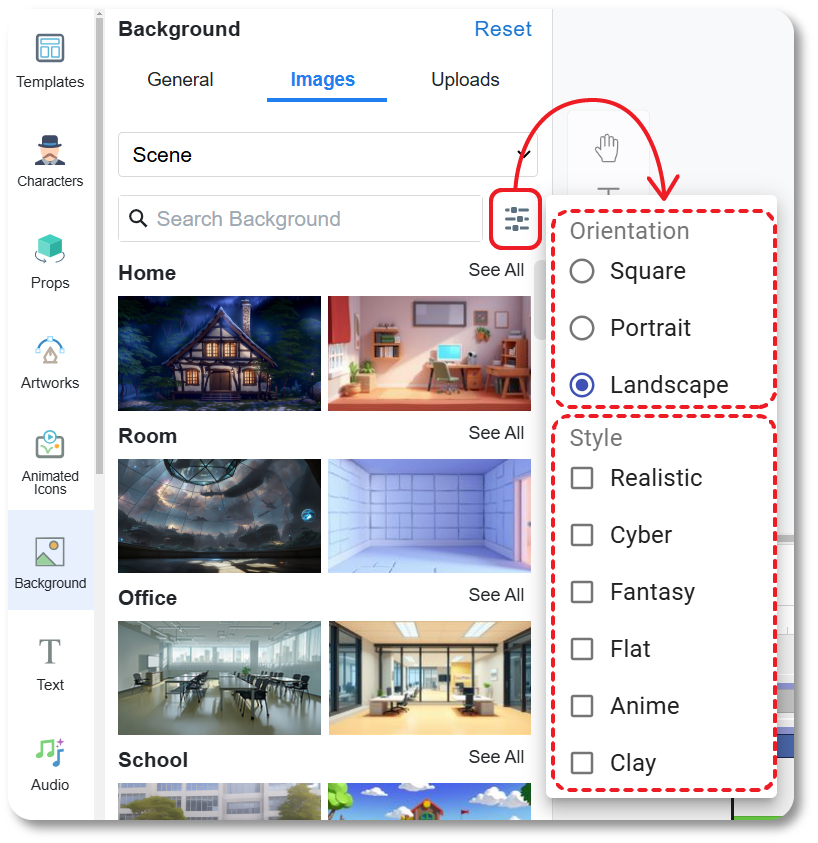Filtering the orientation and style of the background in the animation tool.