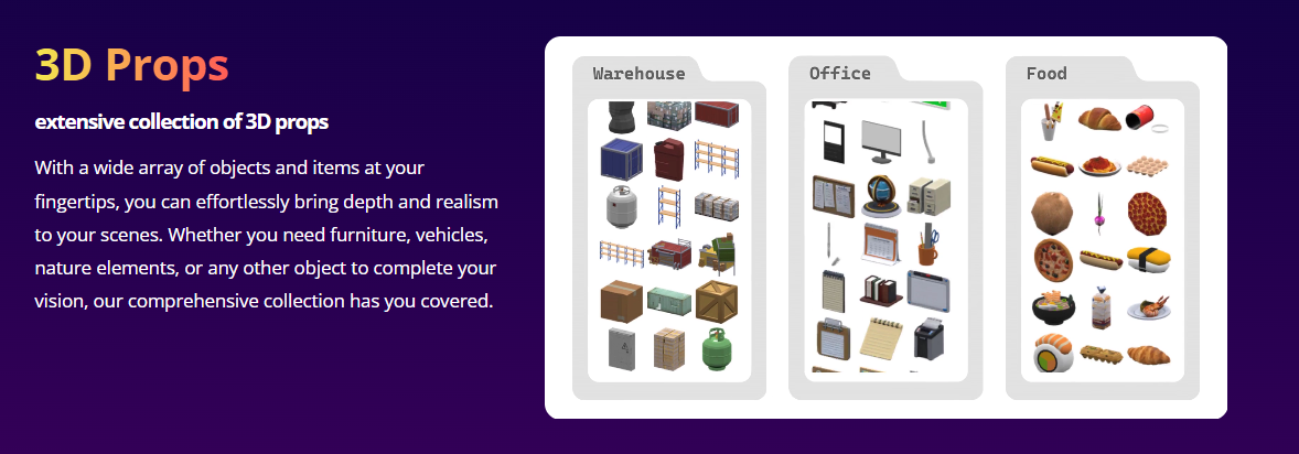 various 3D props are provided in the animation maker