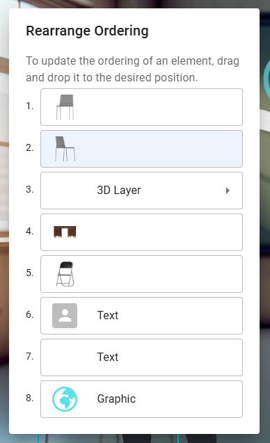 Rearrange ordering pane showing the order of elements in the animation.