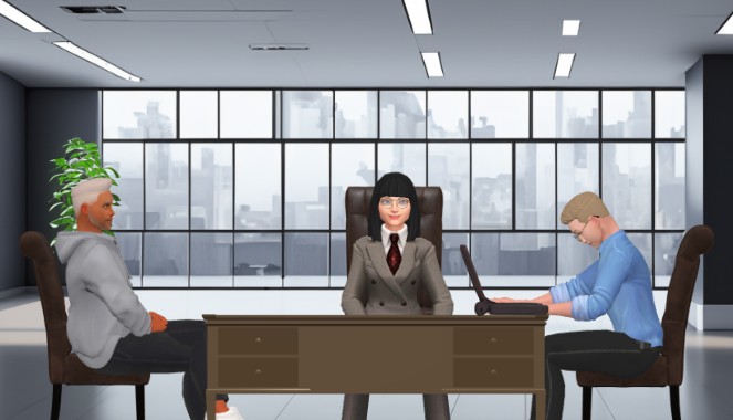 A screenshot from an animation template showing workers having discussion in a workplace
