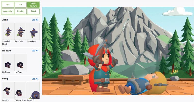 premade action for characters for selection when creating a 3d character template