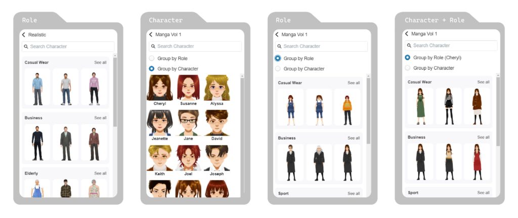 Characters provided in the animation maker are grouping in roles or characters.