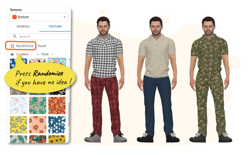 Image displaying the clothes' texture customization in VP Online, with the randomize button.