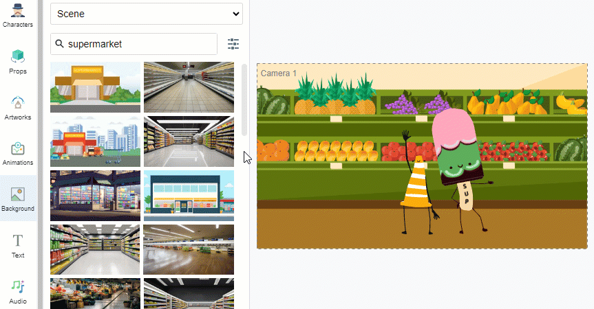 background and graphics in different styles are provided in the tool to build the scene