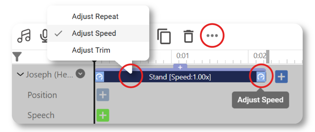 Image showing the steps to adjust the speed of the action, the shorter the bar is, the faster the action is.
