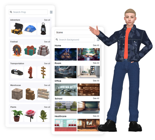 plenty of scene backgrounds and 3D props are provided in the animation maker