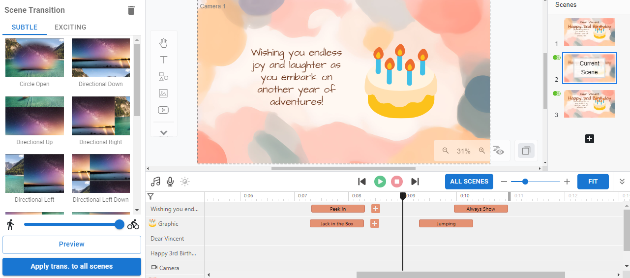 Adding scene transition effects to animation with multiple scenes