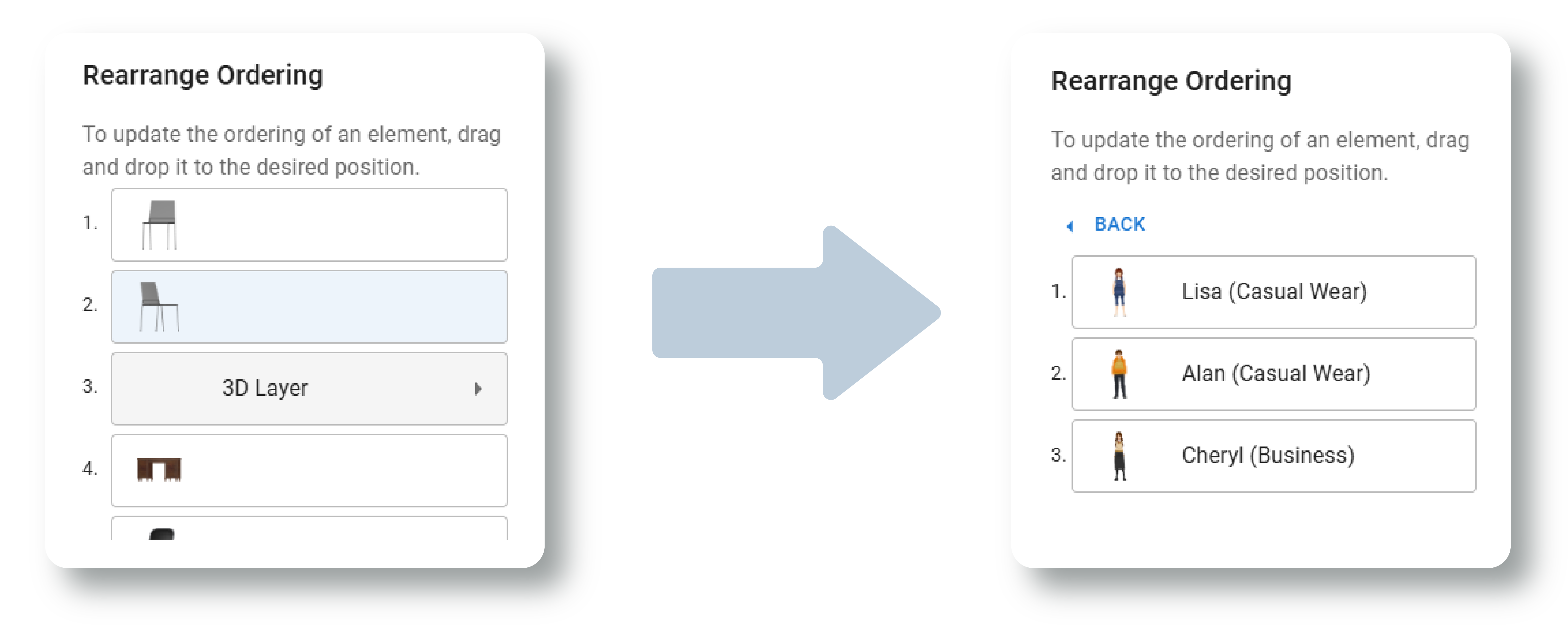 Hoe 3d characters are listed on the rearrange ordering pane.
