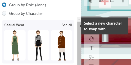 Screenshot showing how to choose the character and swap to another.