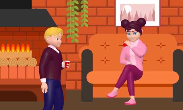 A screenshot from an animation template showing casual conversation of two people at home with carrying a cup