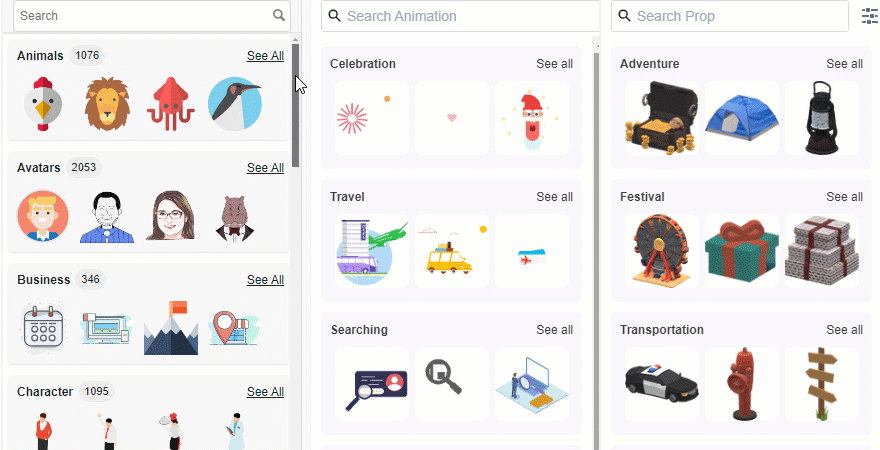 2D graphics, animated assets and 3D props are provided in our animation maker