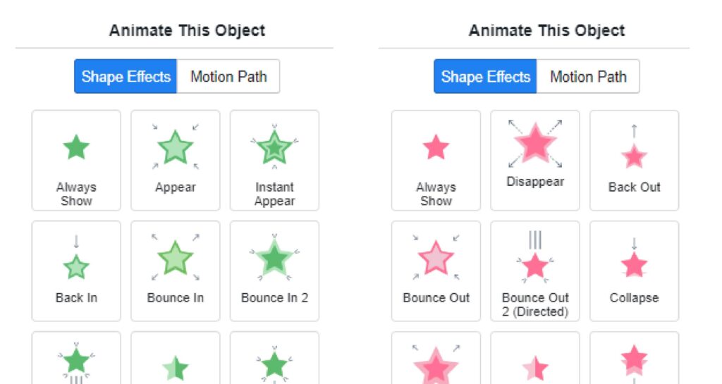 Enter and exit animated effects are provided in the animation tool