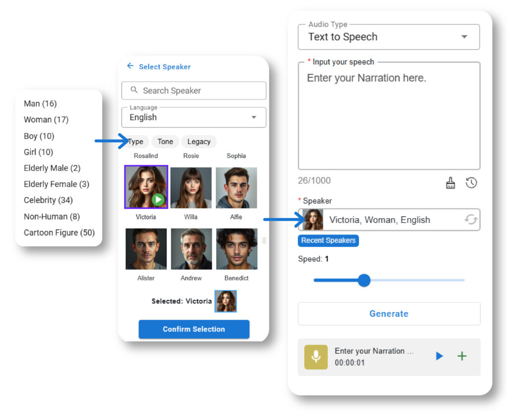 Select the speaker and add narration with text-to-speech feature.