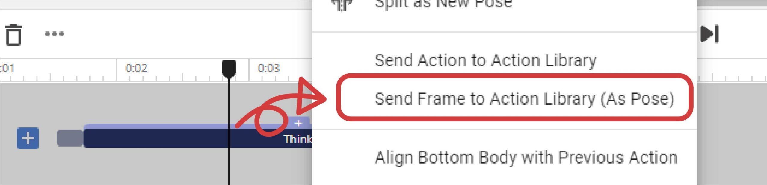Send frame to action library as pose feature in the animation maker.