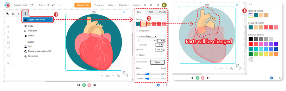 Steps of editing color of 2D elements easily