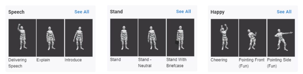 Pre-made actions and poses are provided in the animation maker
