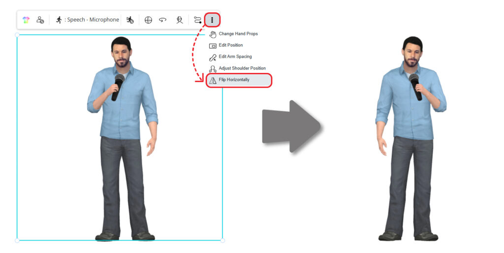 Flip the action horizontally will also flip the hand holding the 3D props.