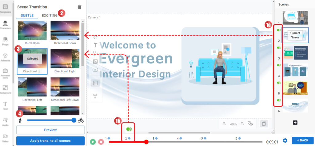 Scene transition can be added between different scenes.